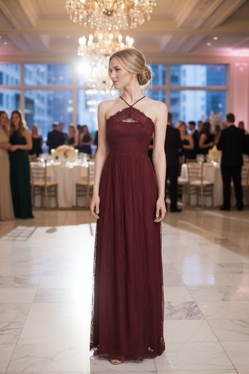 Heartloom Belle Burgundy Lace Halter Maxi Dress size XS Gown AAK