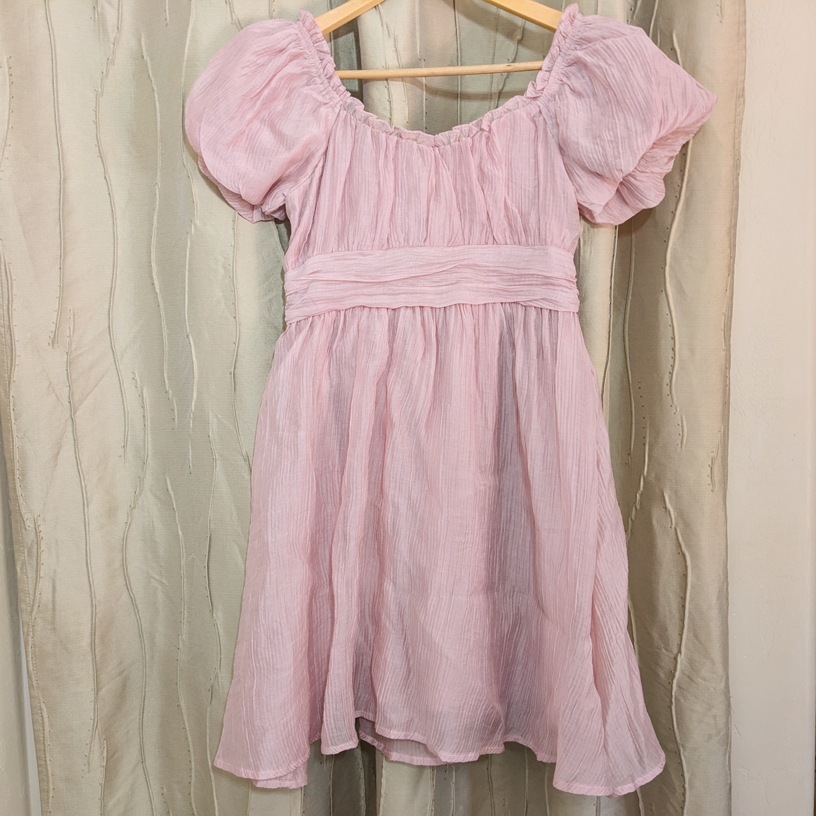 Pink Crinkle Babydoll Mini Dress S Puff Sleeve Coquette Cottagecore Balletcore