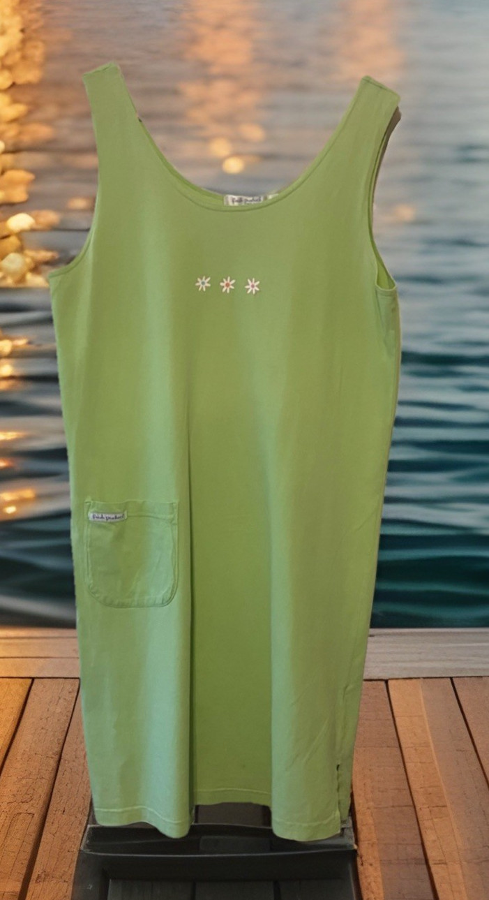 Fresh Produce LARGE cotton Green Tank Dressw/Pocket Flowers Comfort Beachy EUC