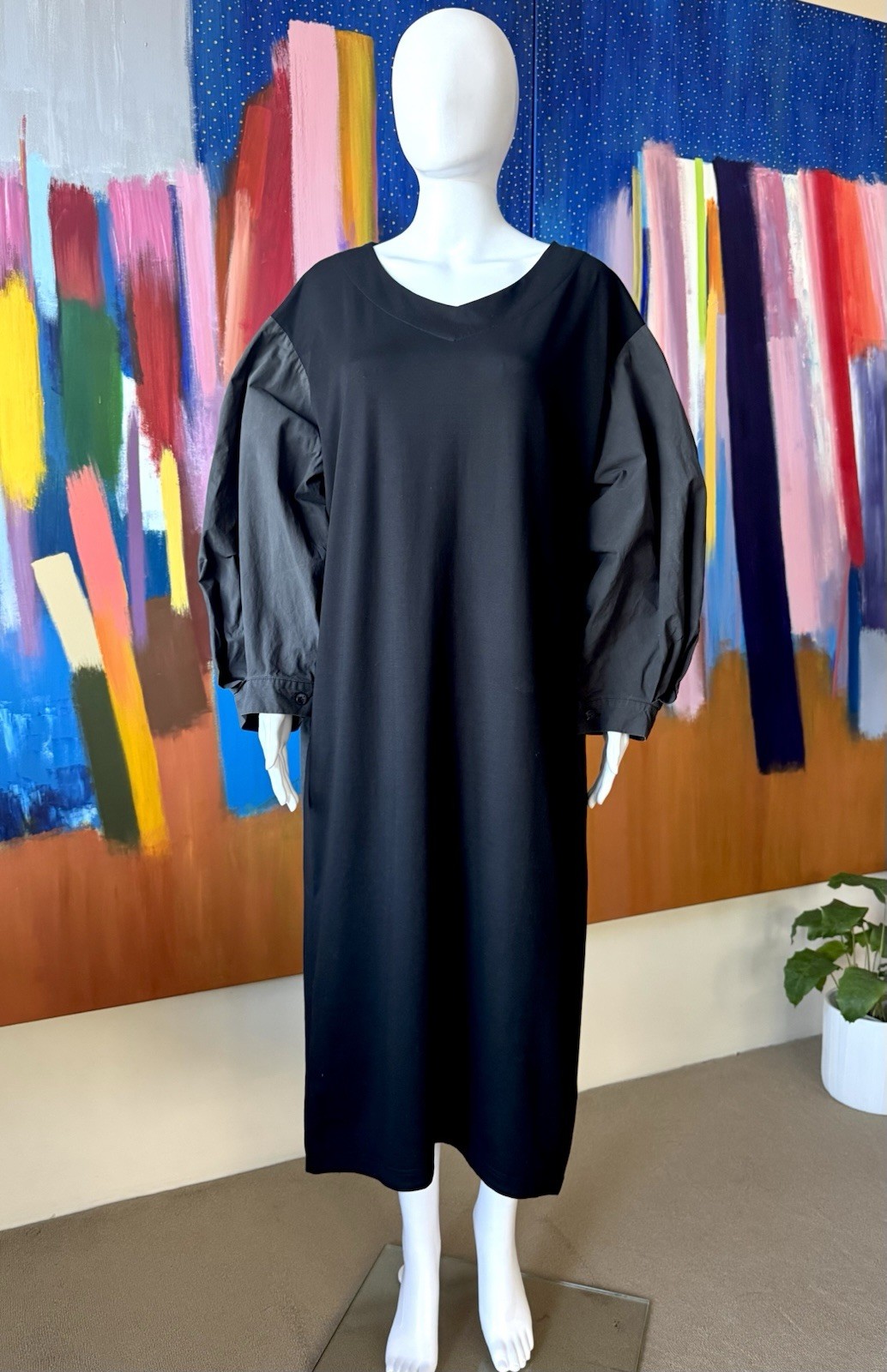 Moyuru (Japan) size M oversized midi dress black grey rayon cotton Daikanyama