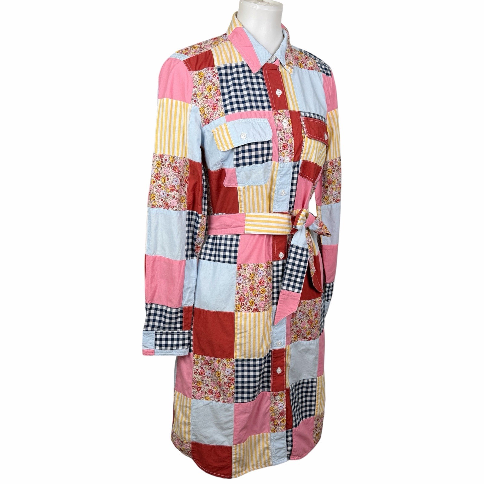 Lands End Patchwork Dress Womens Small Western Cottagecore Button Up Long Sleeve