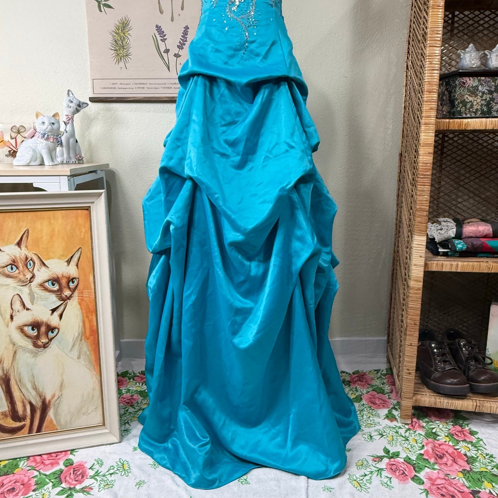 90s Y2k Satin Beaded Sequin Floral Ruched Formal Prom Dress Fairy Whimsy Glam XS