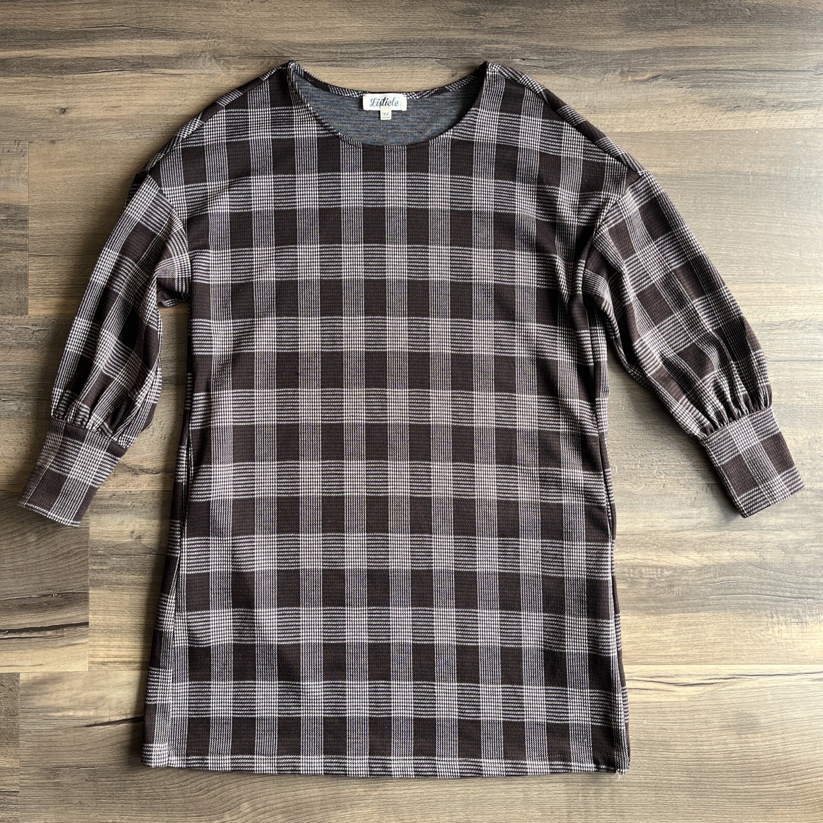 Listiele Women’s Mini Dress XS Hidden Pocket Brown Plaid Polyester Cotton Blend