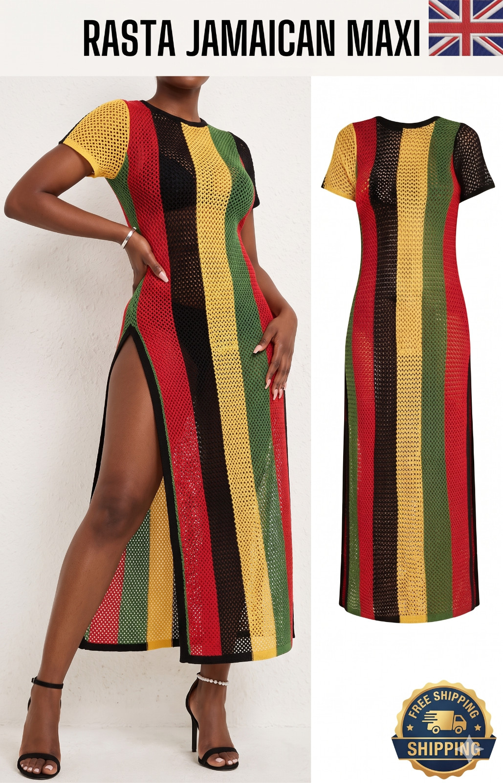Women Rasta Maxi Dress 100% Cotton Mesh Jamaican Reggae Beach Cover Up Summer