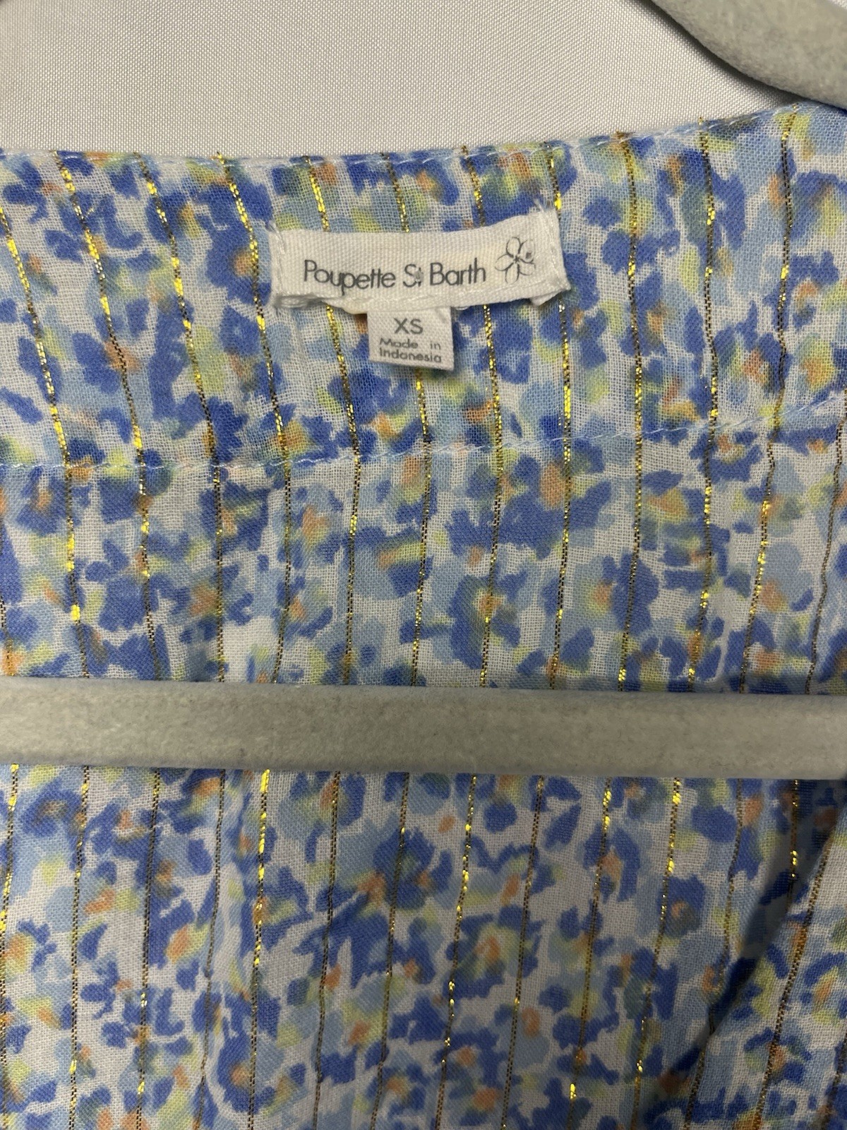 Poupette St Barth Rachel Blue Gold Lurex Floral Cotton Boho Mini Dress Sz Xs