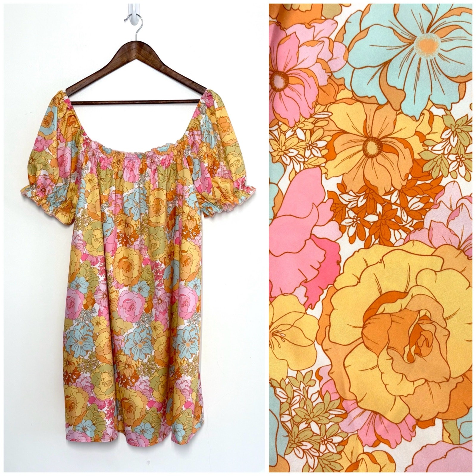 Retro Floral Mini Dress Womens Size L Short Sleeve Beach Cover Up Colorful Boho
