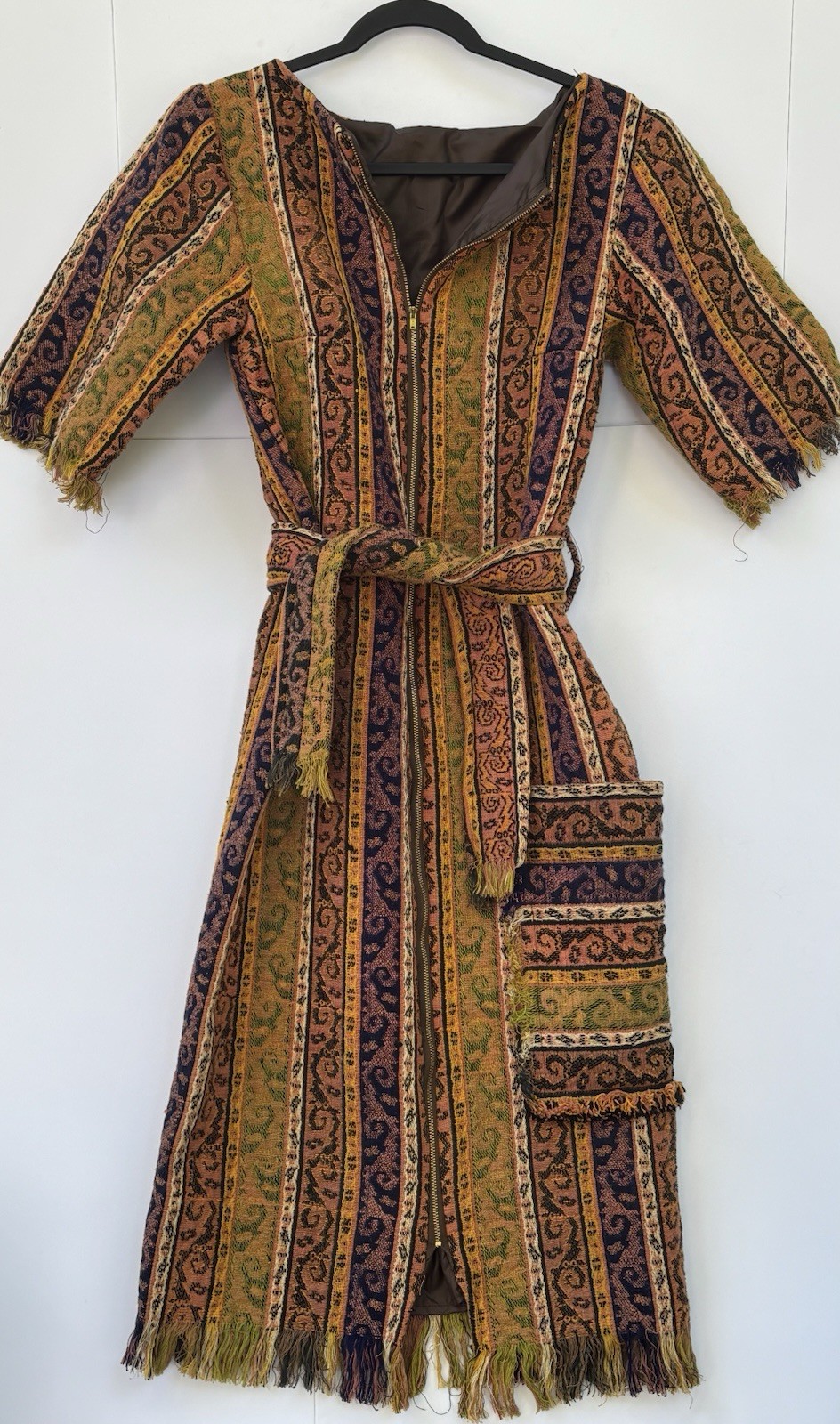 Vintage Tapestry Woven Fringe Midi Dress Belted Boho Cottagecore XS