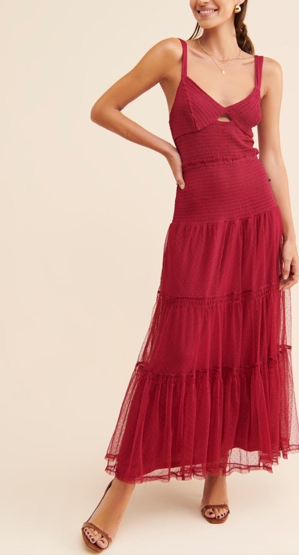 Anthropologie Raspberry Solid Tulle Maxi Dress, Smocked Ruffle V-Neck, S