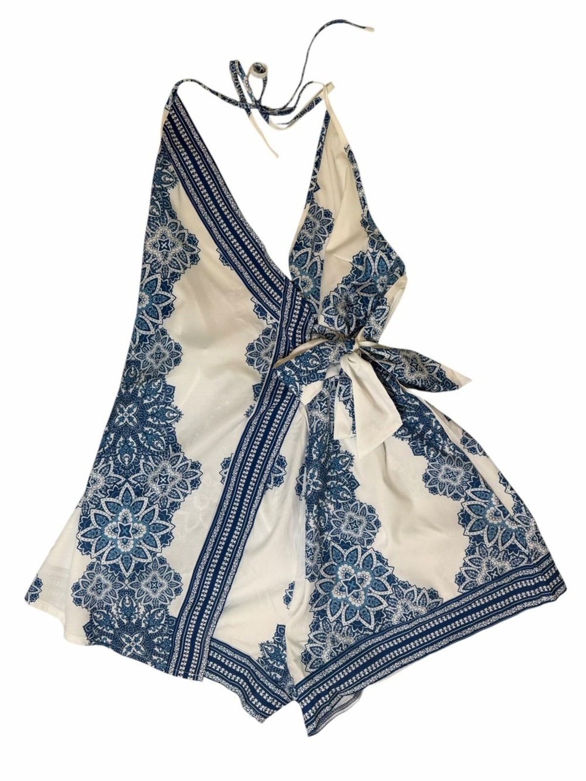 Source Unknown White & Blue Halter Wrap Mini Dress