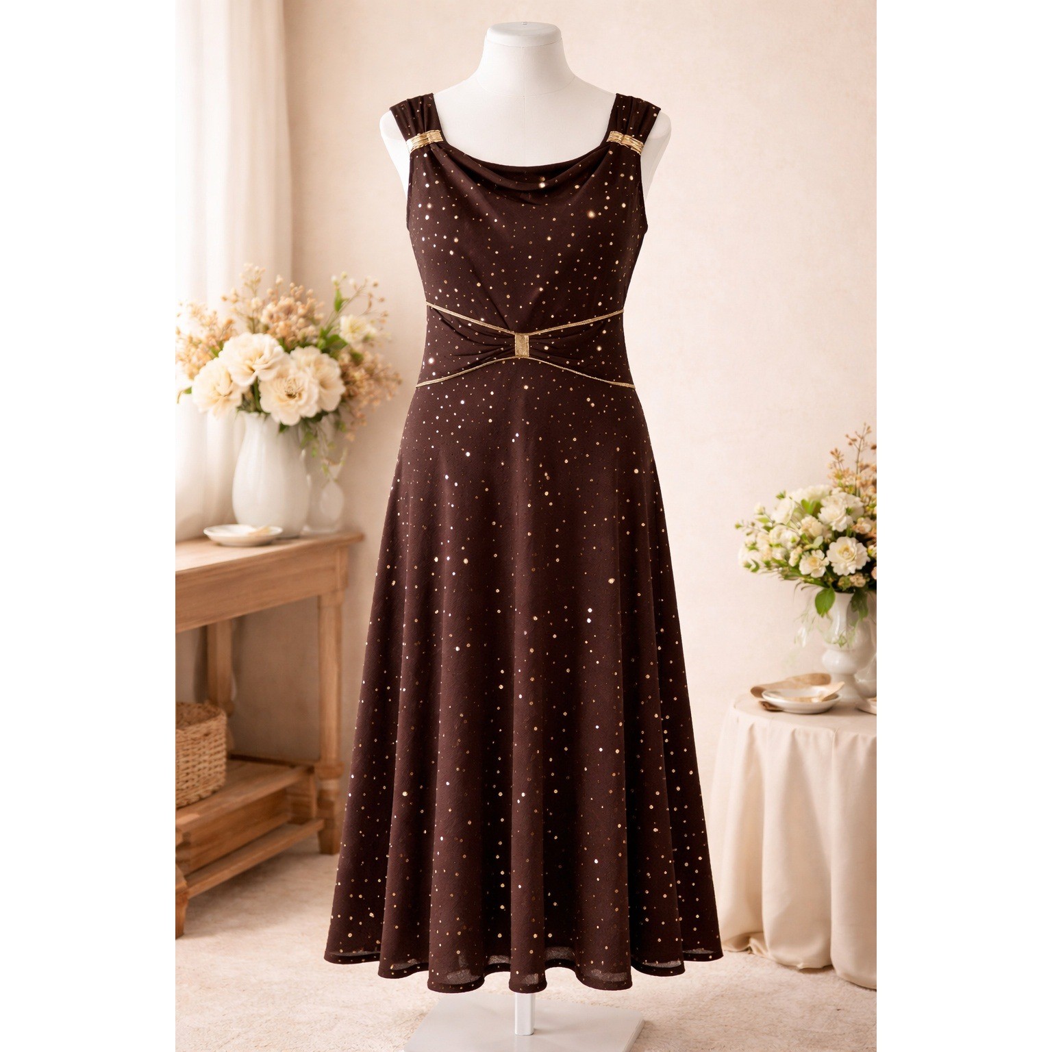 NWOT EN Focus Brown Midi Dress Size 6 Gold Polka Dot Sleeveless Evening