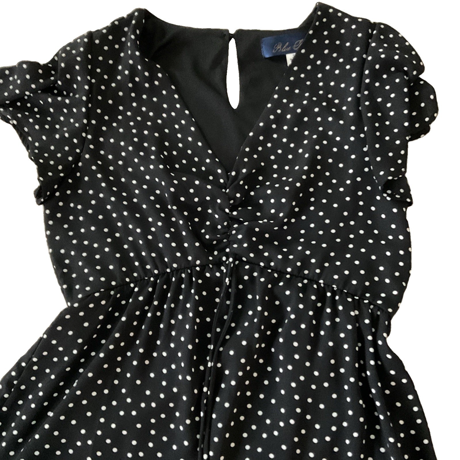 Blue Rain Polka Dot V-Neck Mini Dress Short Sleeve Black White Sz S