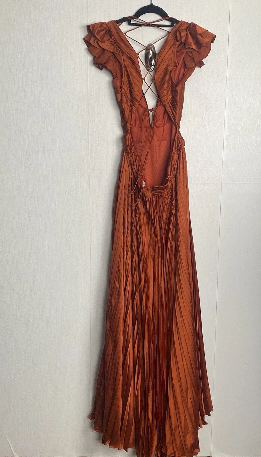 Mac Duggal Leena Pleated Flutter Sleeve Deep V Neck Lace Up Gown Size 12.