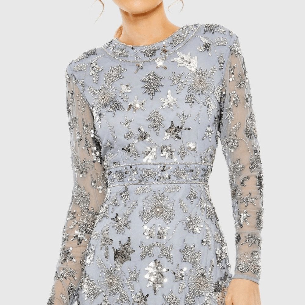 MAC DUGGAL 93939 Womens High Neck Long Sleeve Embellished Column Gown Dress Blue
