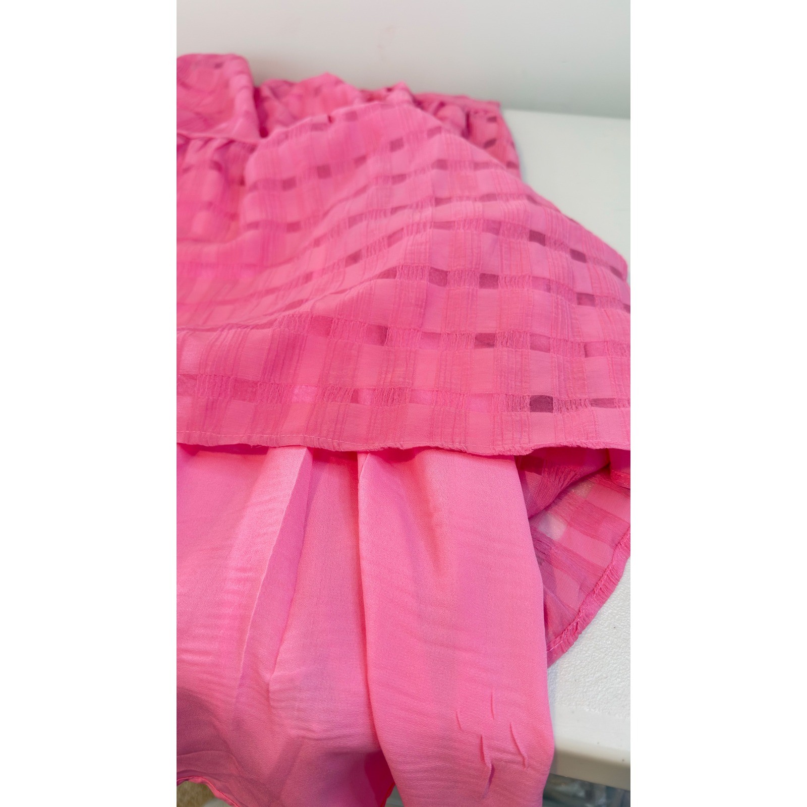 Storia Dress Pink Flutter Sleeve Tiered V-neck Plaid Texture Boho Romantic M