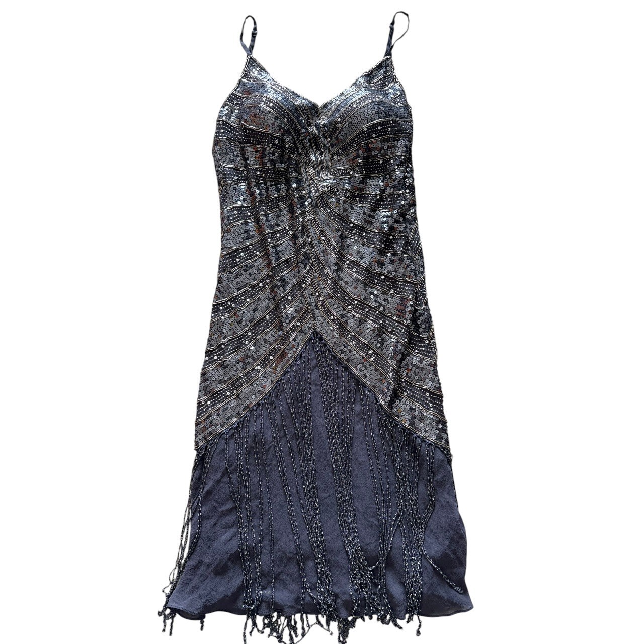 VINTAGE SUE WONG BEADED SEQUIN FRINGE DRESS SIZE 10 ART DECO EVENING DRESS