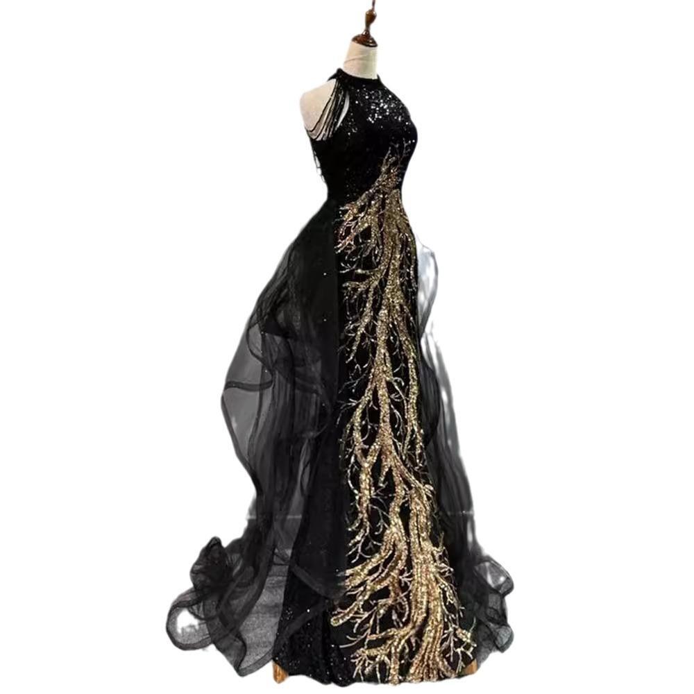 Womens Summer Sleevess Hanging Neck Fishtail Dress Evening Dress Black Cocktail
