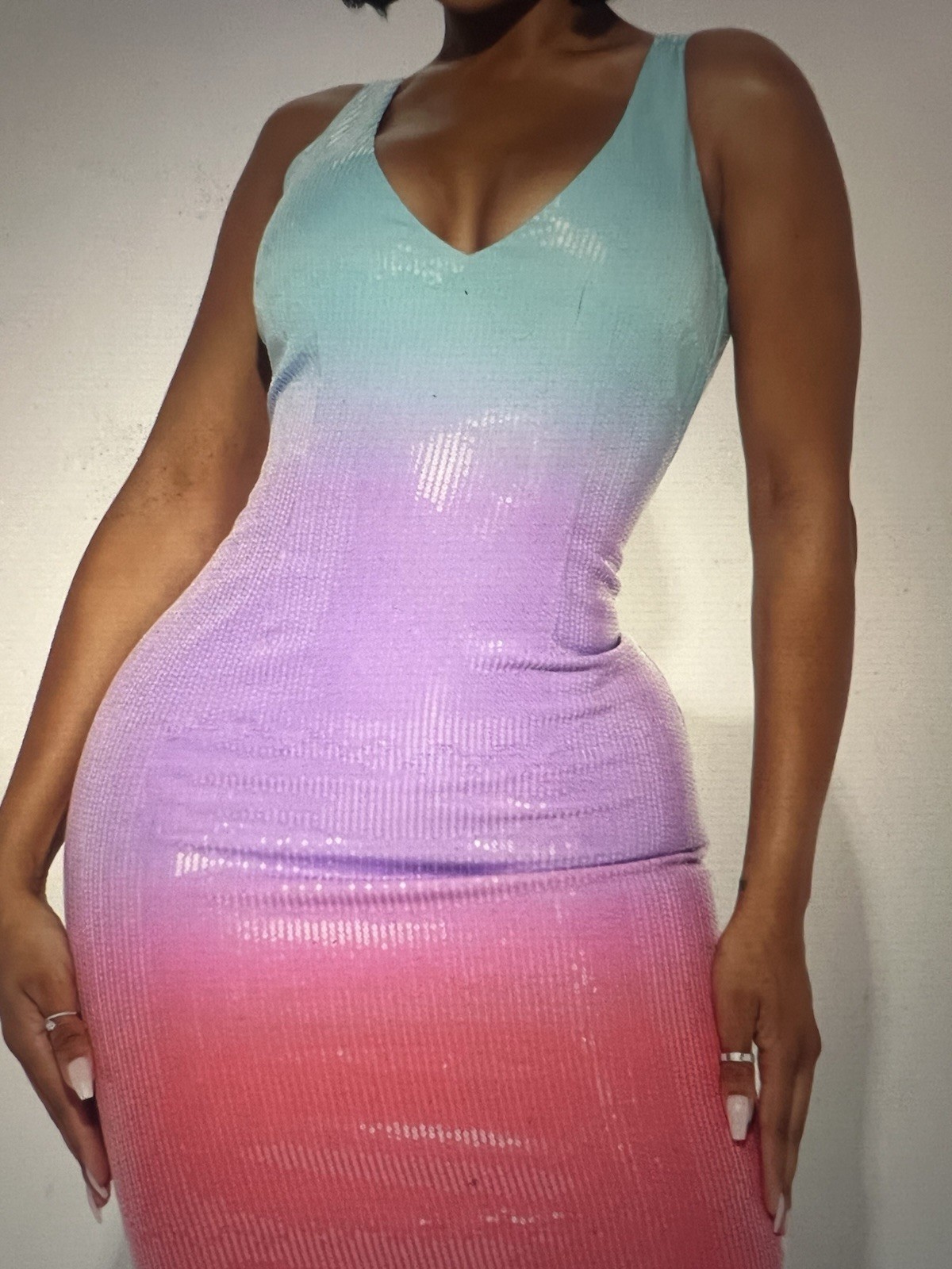 Womens Multicolor Ombre Sequin V-Neck Sleeveless Stretch Bodycon Maxi Dress S