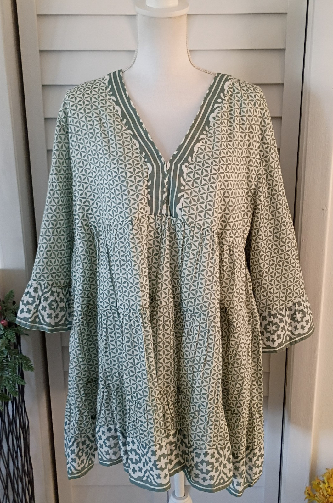 Shore Ophelia Mini Dress Green Flared Sleeves Fully Lined Festival Dress S