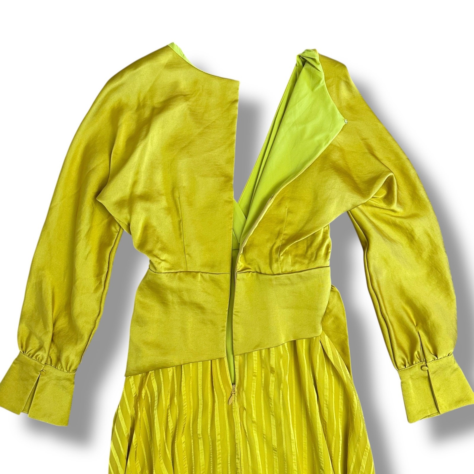 Chartreuse Pleated Wrap Dress Long Sleeve Asym Hem Midi Yellow Women