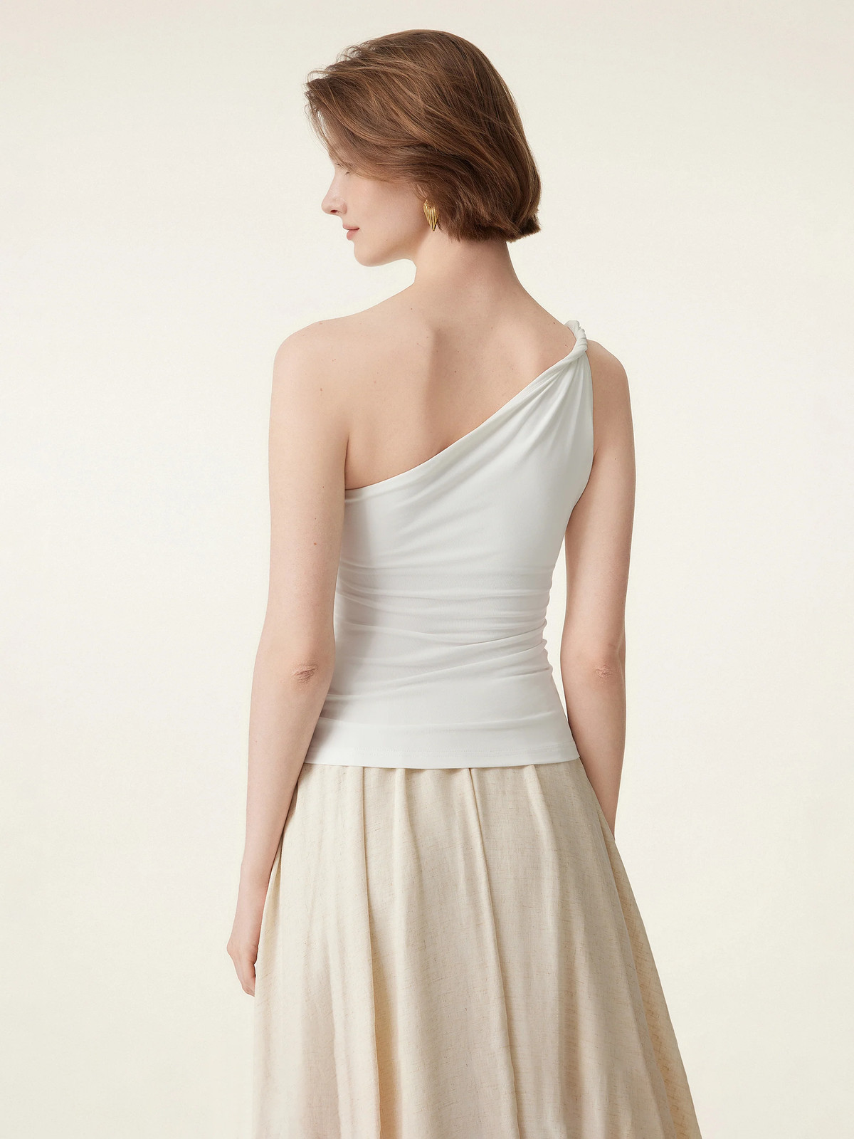 OGL 2Pcs Set One Shoulder Twisted Bra Tank & Side Ruched A-line Midi Skirt
