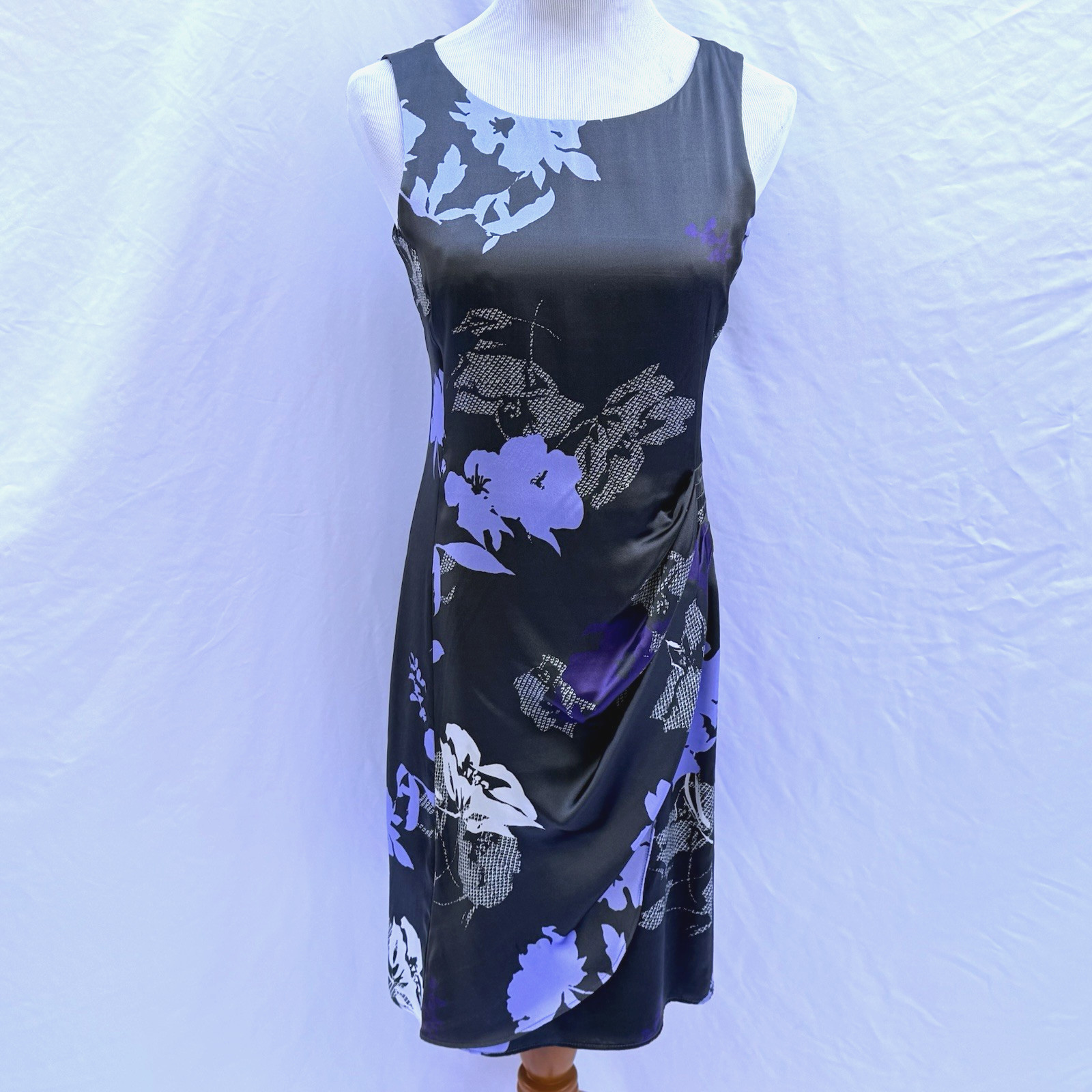 Armani Collezioni Silk Dress US6 Charcoal Purple Floral Ruched Designer Elegant