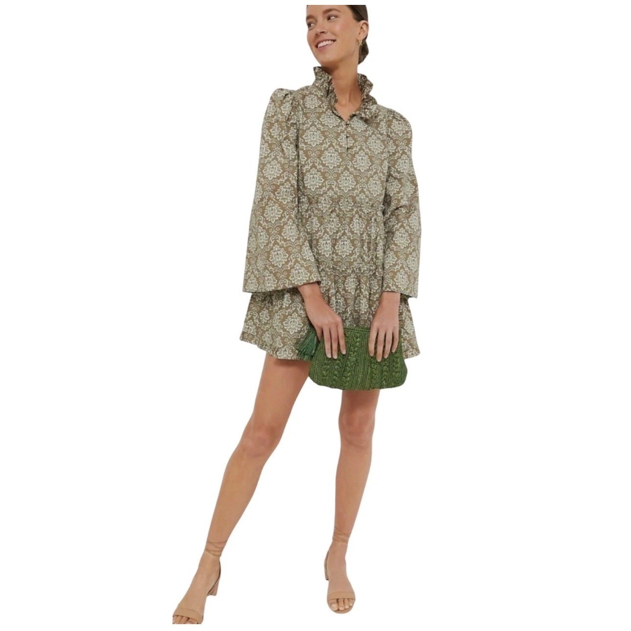 Tuckernuck Hyacinth House Moss Printed Russell Bell Sleeve Tier Mini Dress NWT M