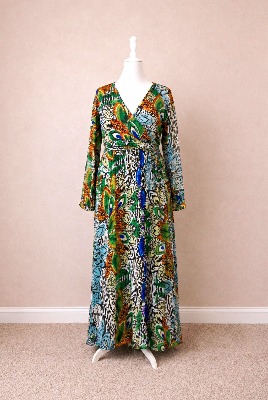 Bandolino XL Tropical Safari Animal Print Wrap Maxi Dress Long Sleeve V-Neck