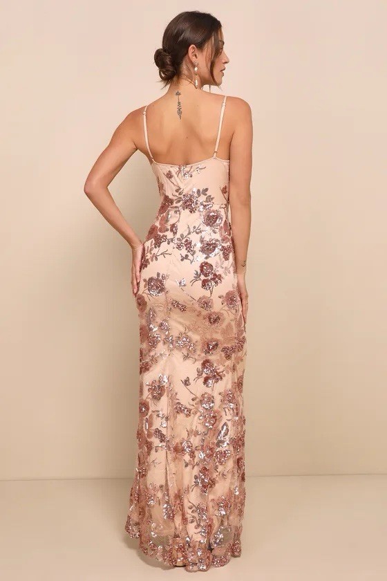 Lulus Beige/Rose Gold Sequin Floral Strappy V-Neck Long Gown Dress XS