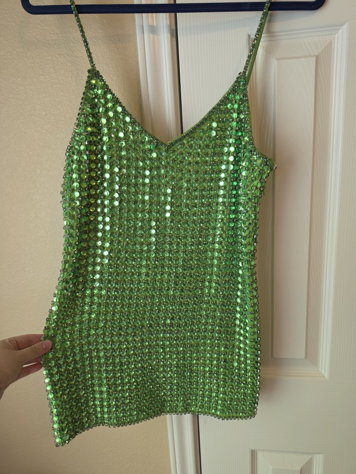 Retrofête Holland Crystal Dress XS Lime Punch Beaded Sequin V-Neck Mini Slip