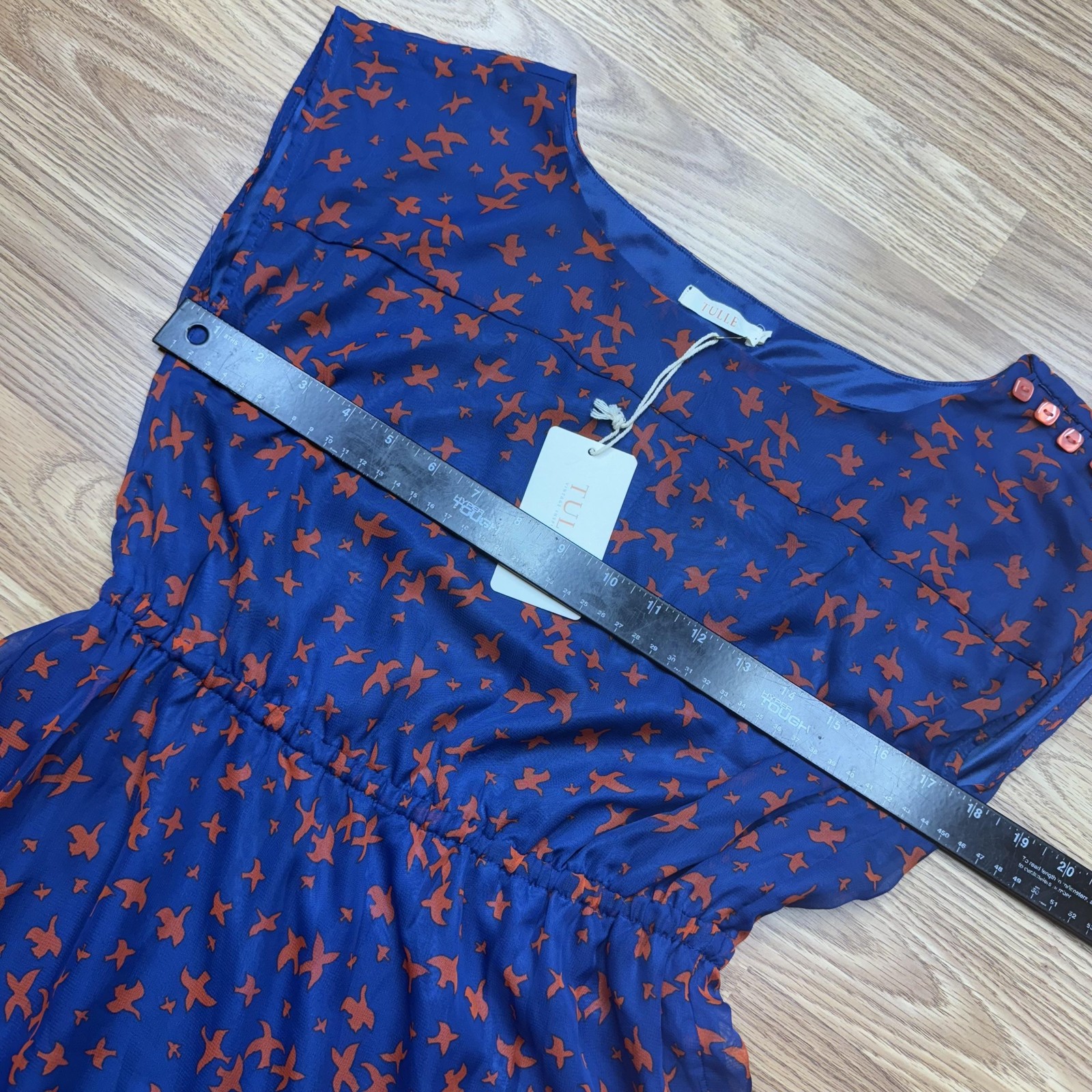Tulle Dress Womens Small Navy Orange Bird Print Elastic Waist Lined Cap Sleeve