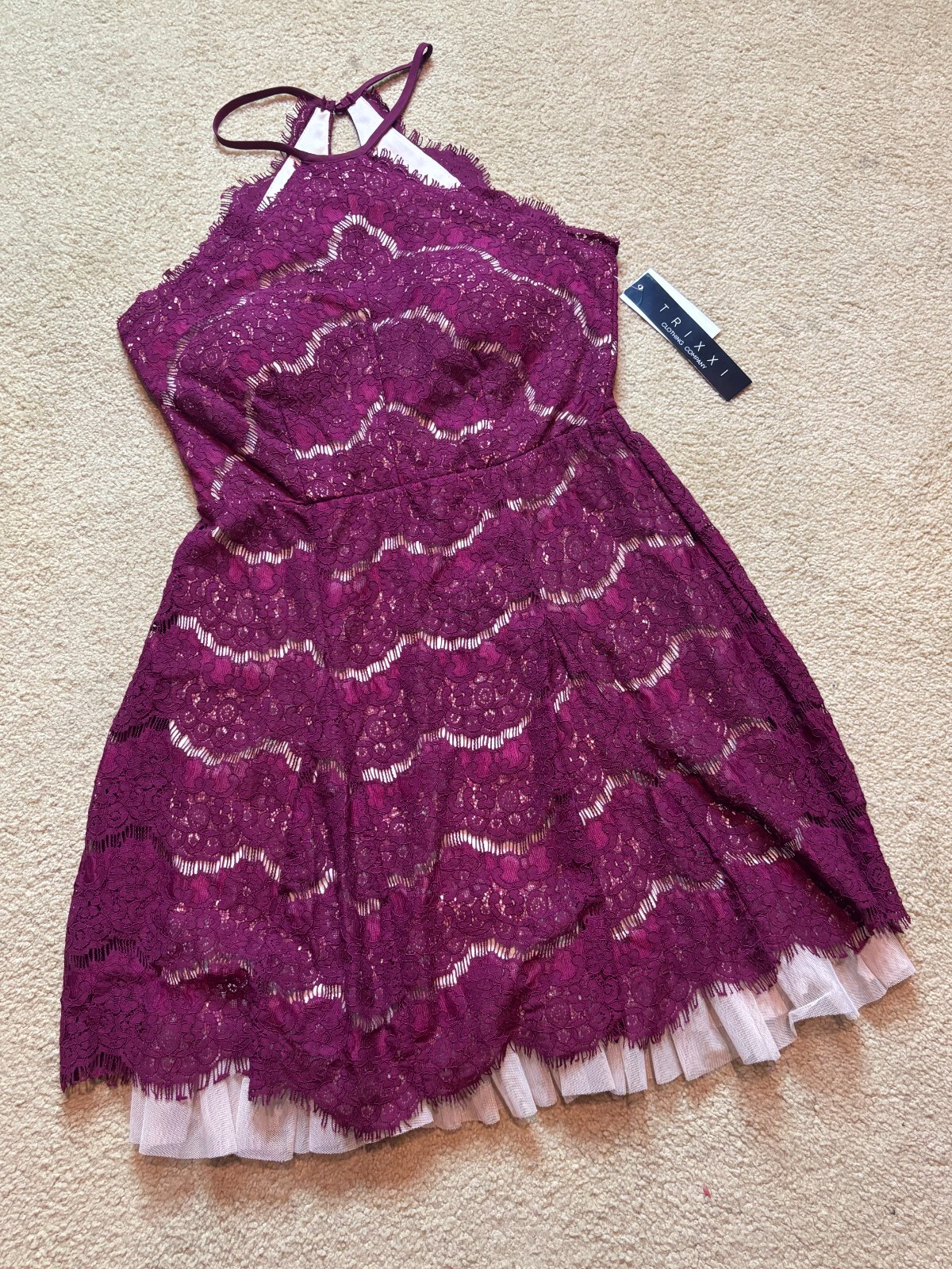 NWT Trixxi Maroon Cherry Lace Halter Tutu Cocktail Party Mini Formal Dress 11