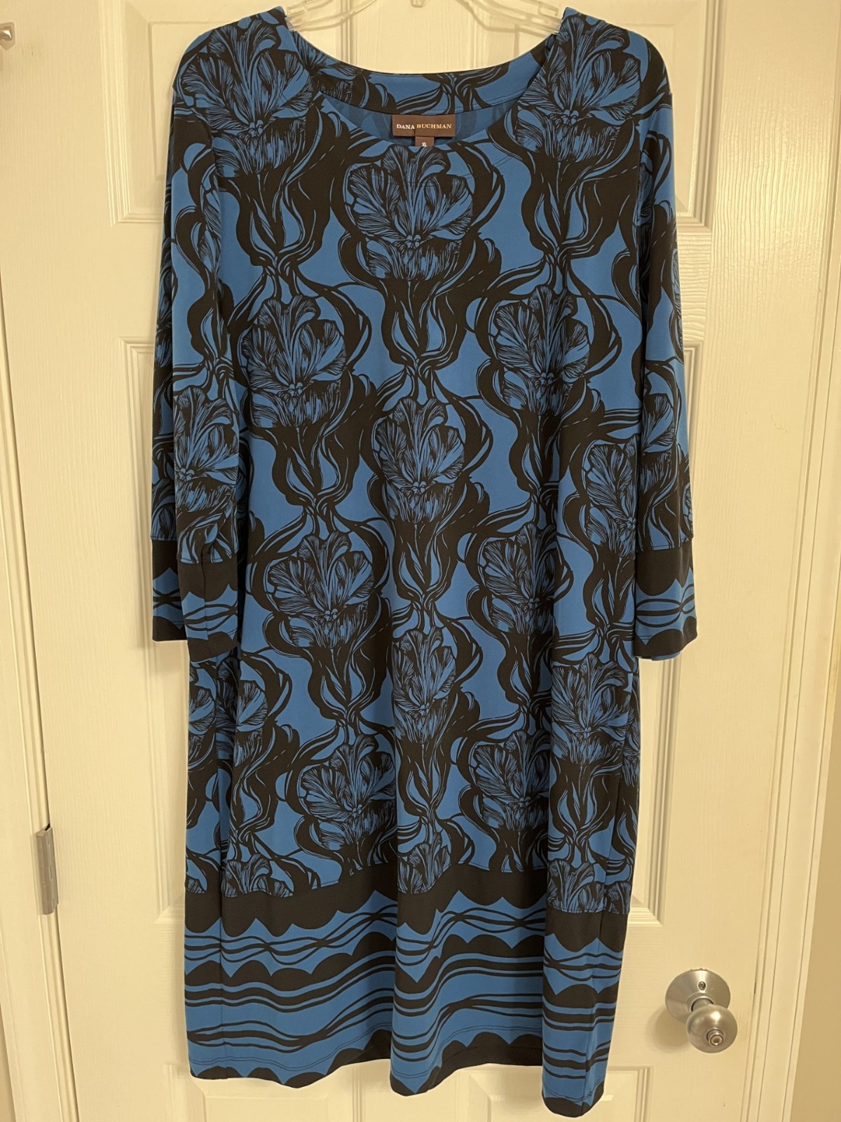 Dana Buchman 3/4 Length Sleeve Black and Turquoise Below Knee Dress Size XL