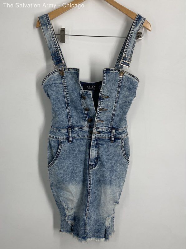 Akira Womens Blue Cotton Blend Sleeveless Overall Denim Mini Dress Size Small