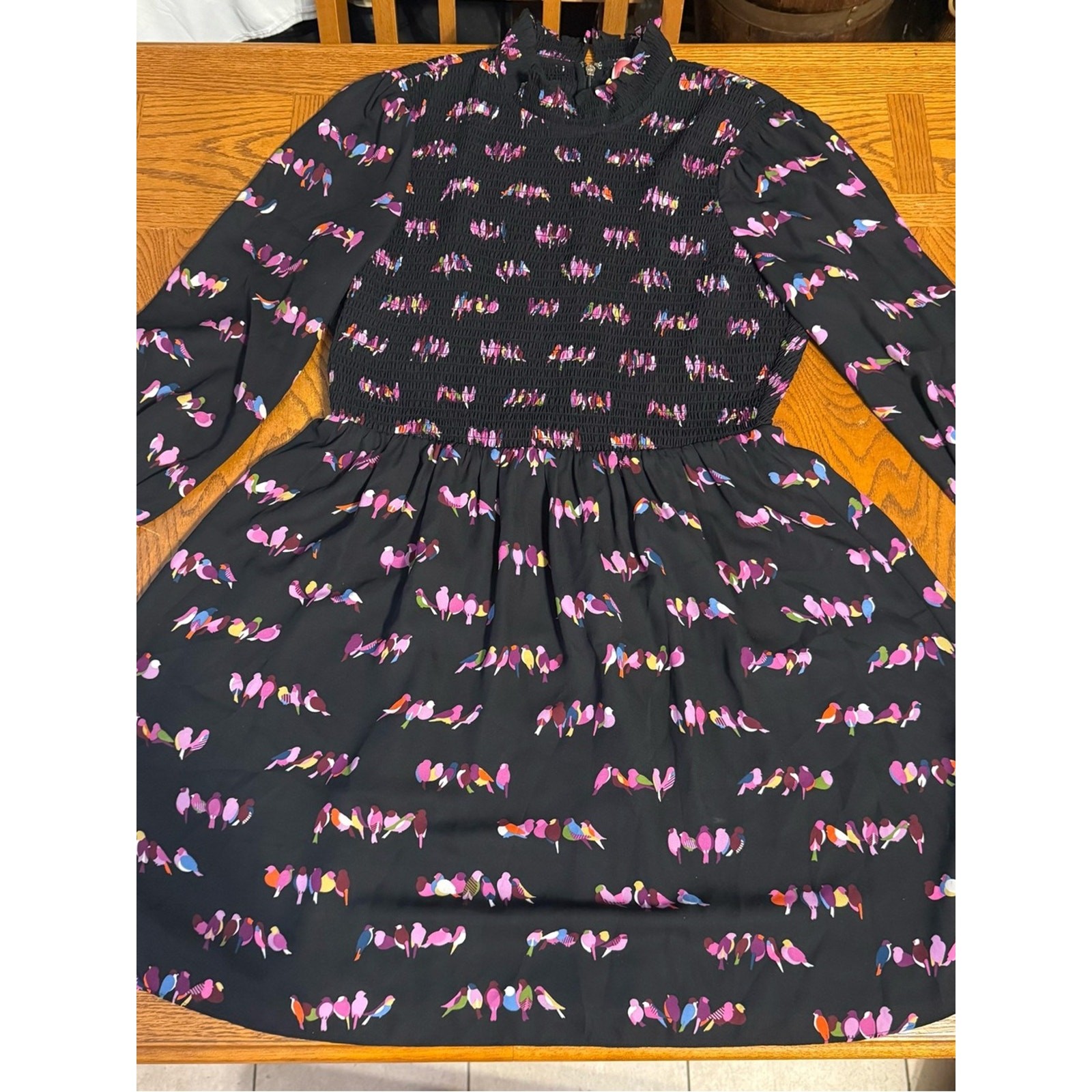 Kate Spade Love Birds Smocked Long Sleeve Knee Length Dress Sz 10