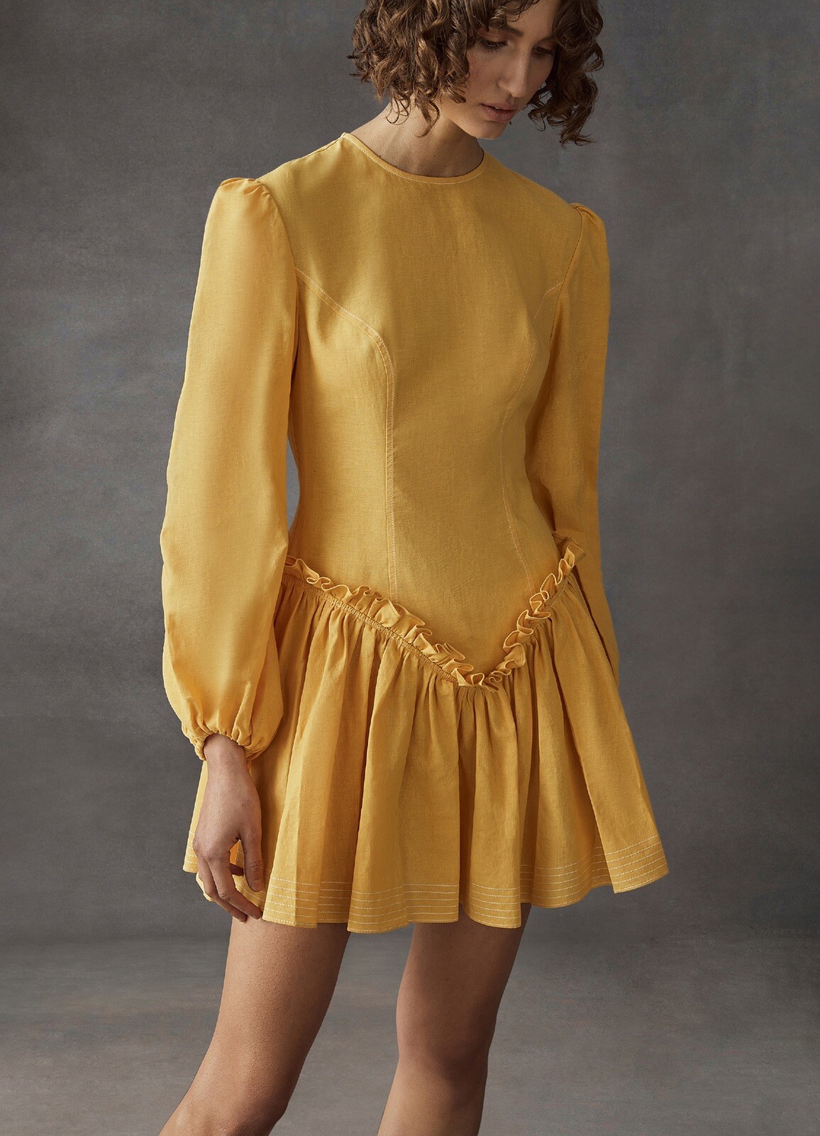 LEO LIN Mini Dress Yellow Pastel Orange Cotton Linen balloon Sleeves SZ AU 10 M