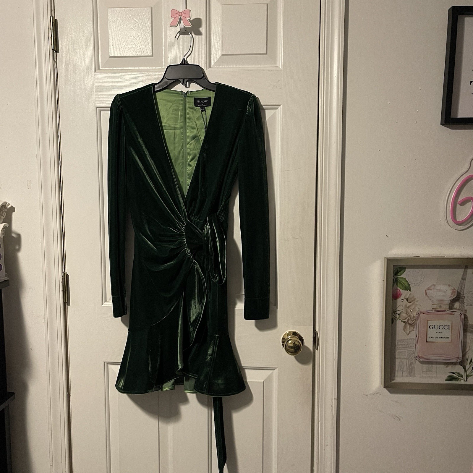 NWT Bardot Keala Velour Wrap Mini Dress Green XS US 2 Long Sleeve Cocktail $139
