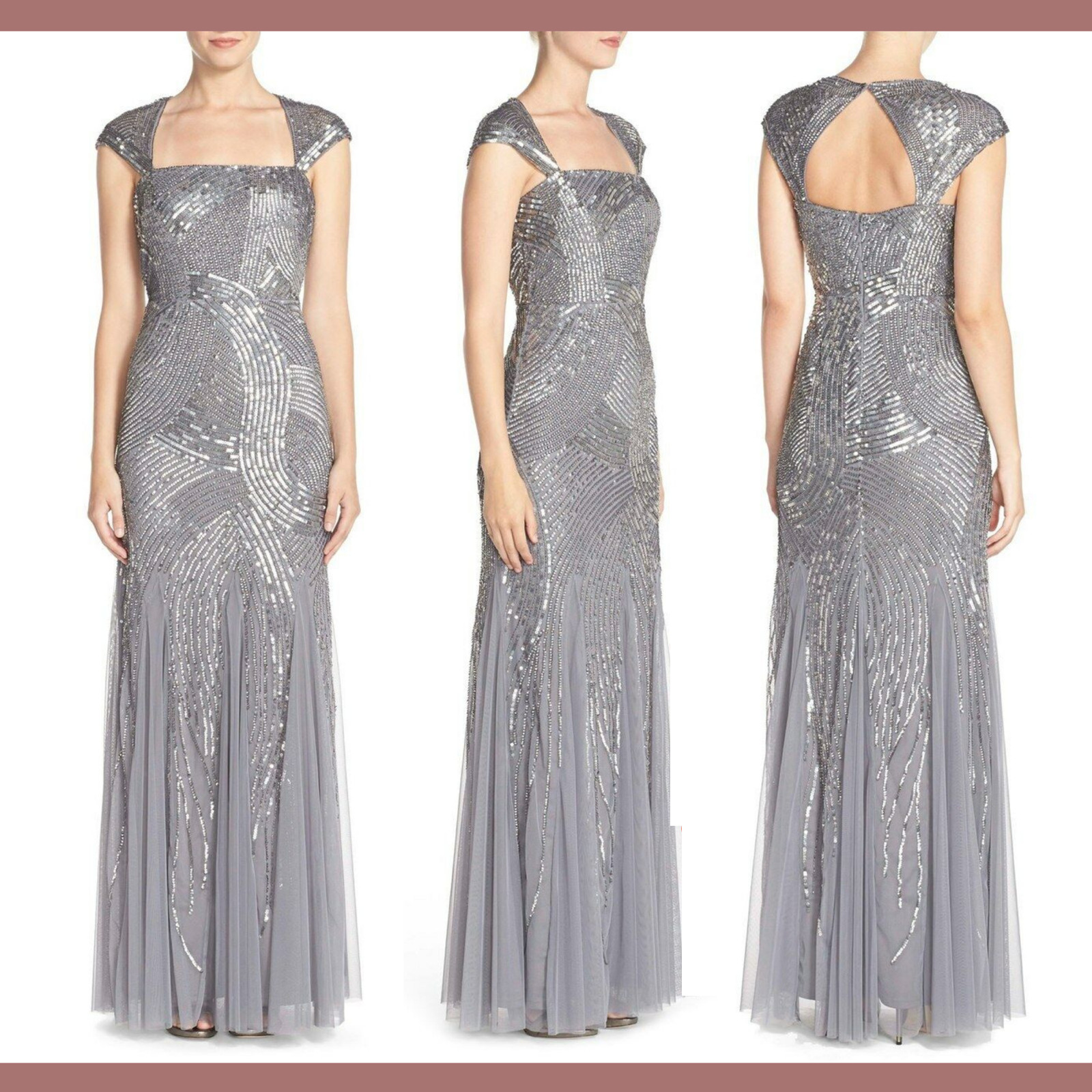 NEW Adrianna Papell [ 2 ] Embellished Mesh Envelope Gown in Silver/Grey #M27