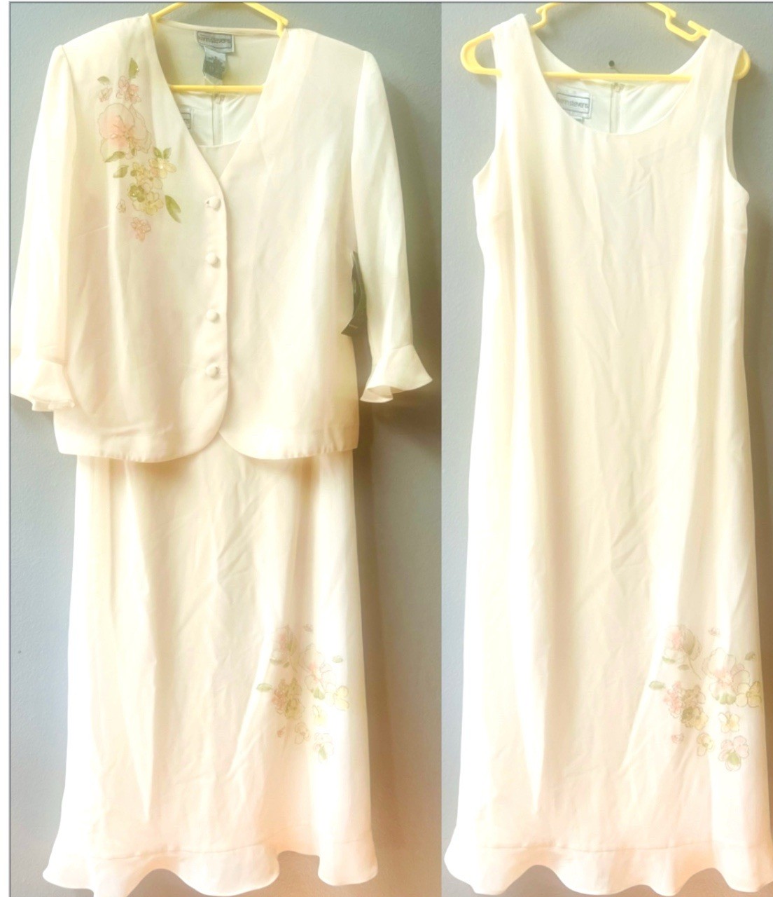 VINTAGE KARIN STEVENS 2 PIECE LIGHT PEACH FLORAL ACCENT MIDI DRESS SIZE 10~NWT