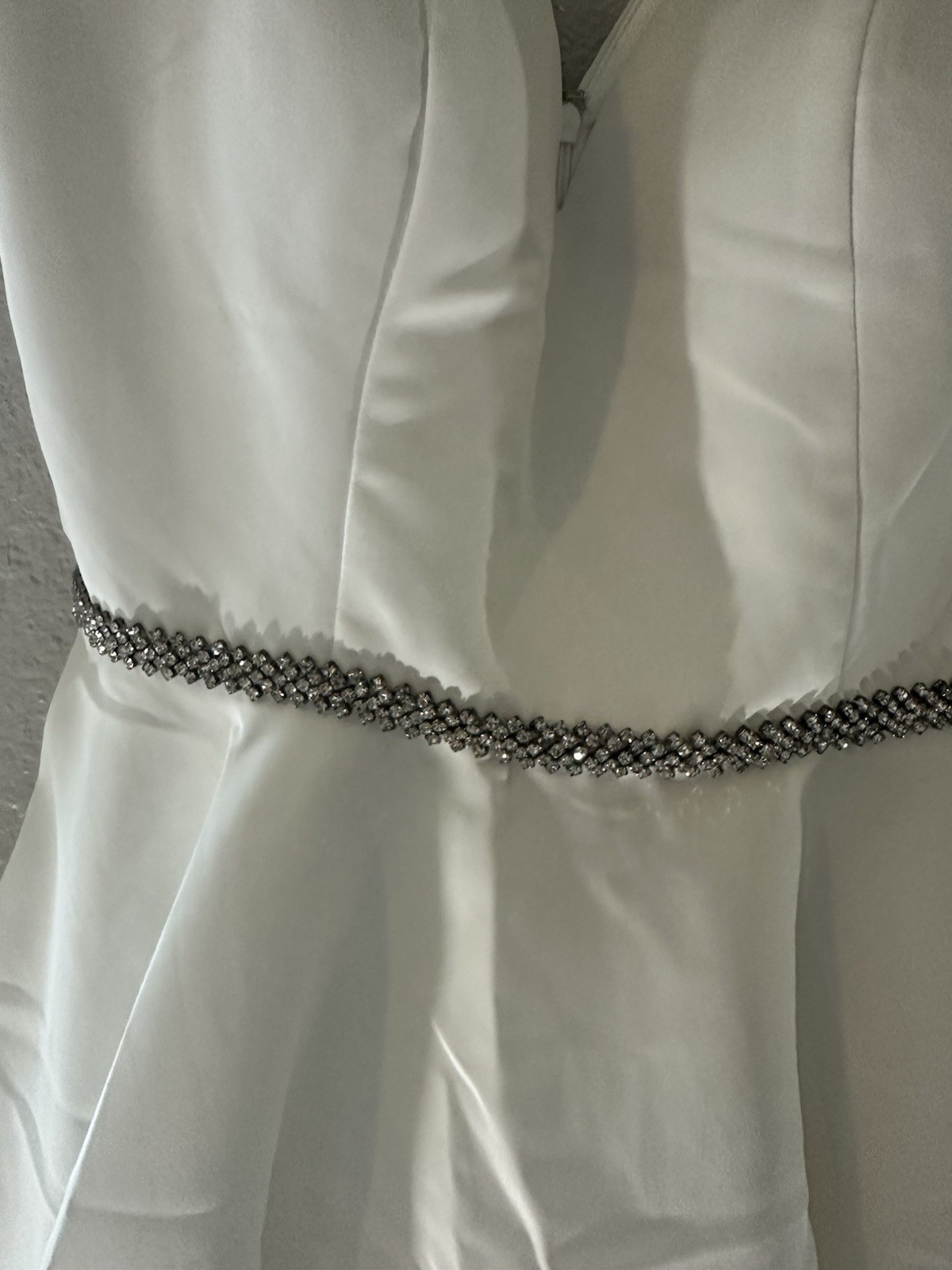 Dancing Queen White Satin Fit & Flare Short Dress Beaded Waist V-Neck Sleeveless