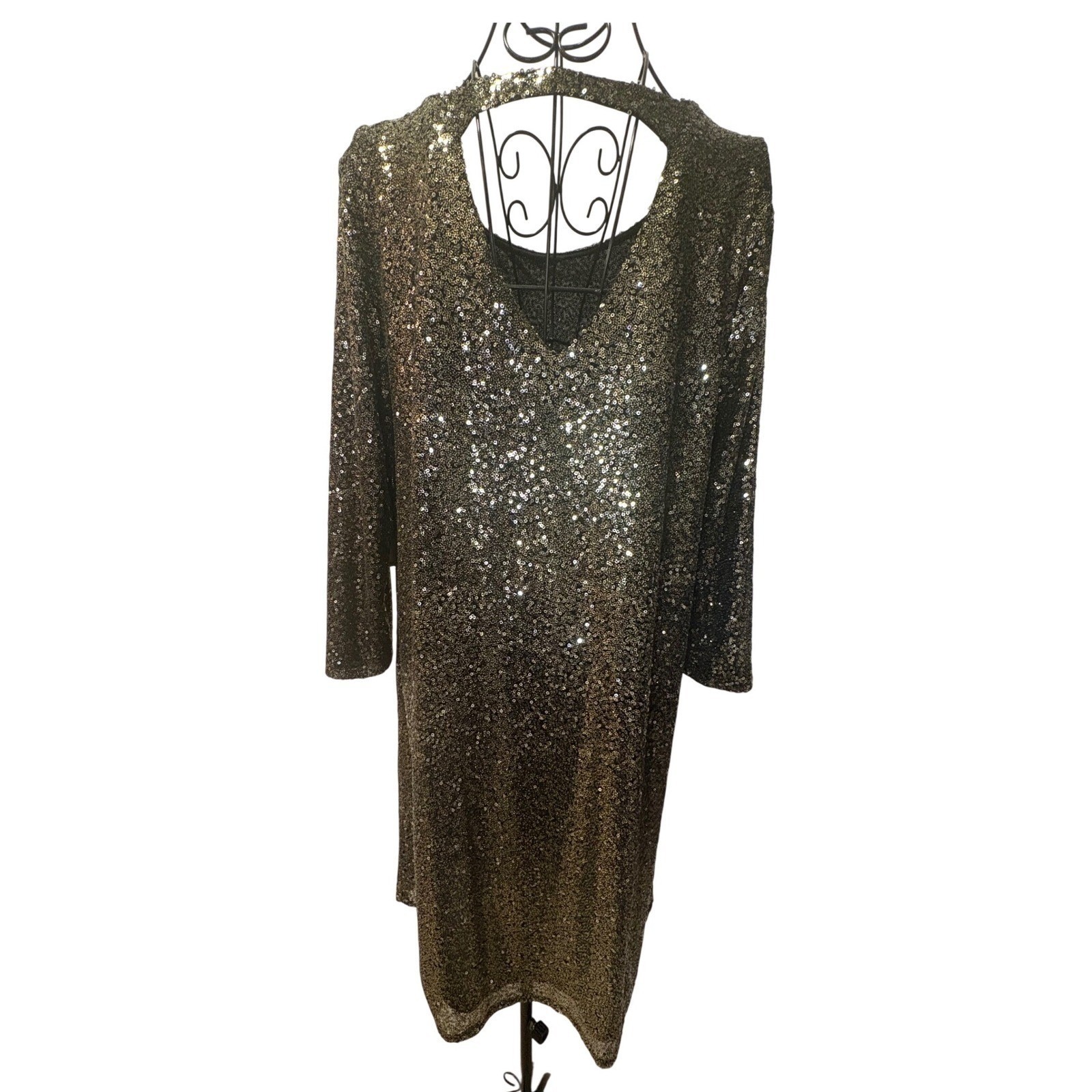 Worthington NWT Gold Sequin Long Sleeve Shift Dress w/ Back Cutout – Large
