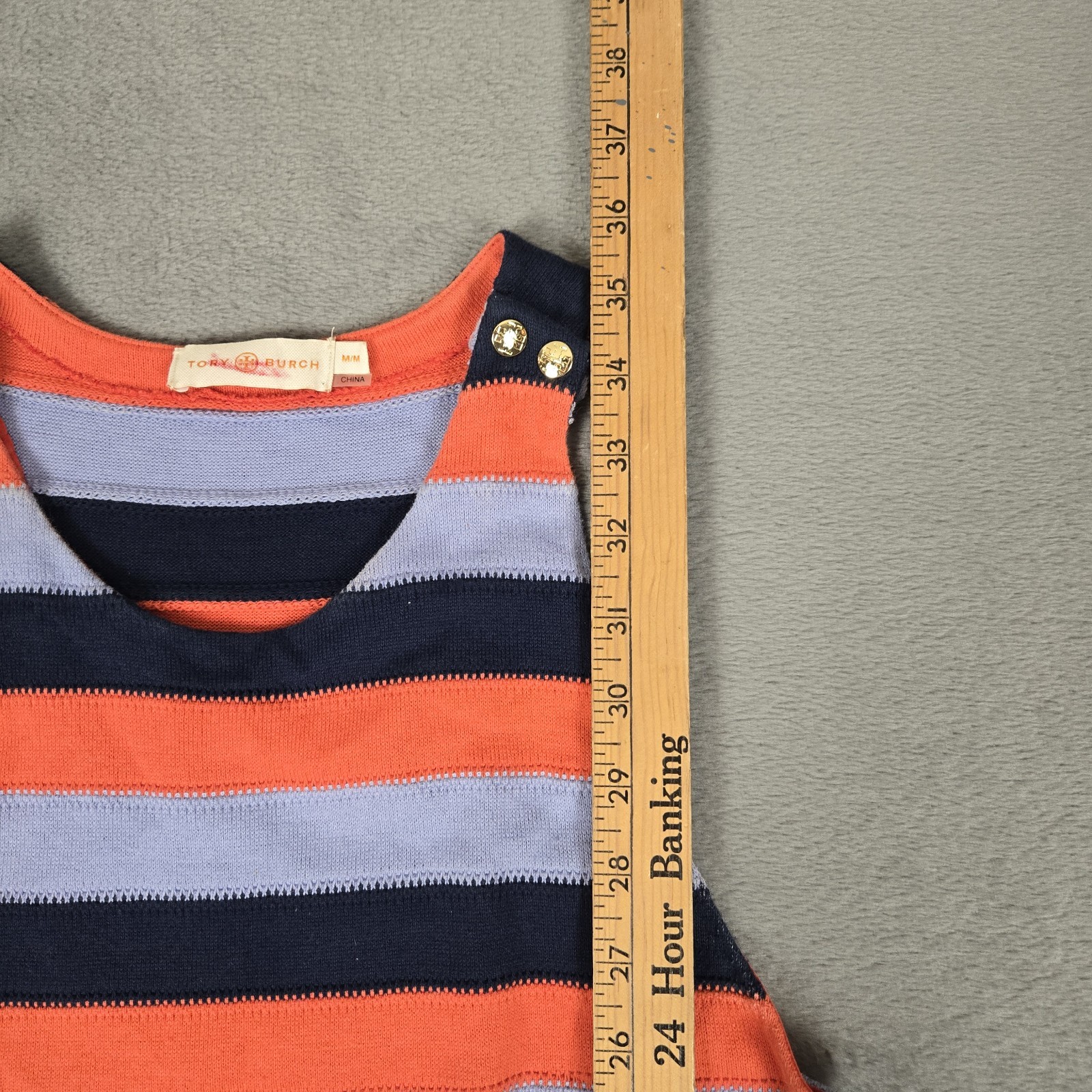 Tory Burch Ariana Dress Womens Medium Orange Blue Striped Sleeveless Fringe