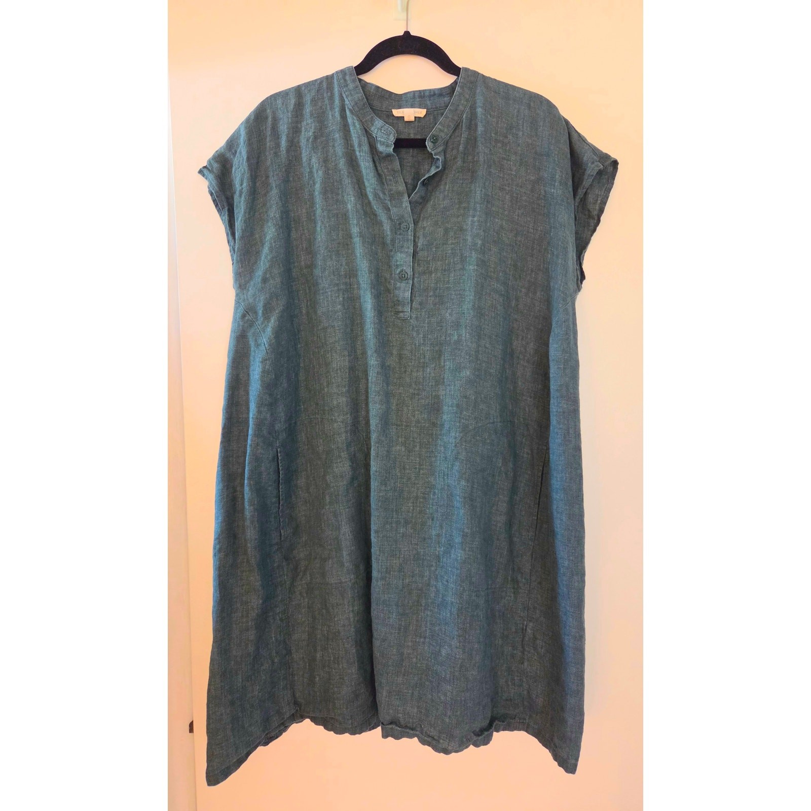 Eileen Fisher 100% Linen Dark Green Sleeveless A-Line Shift Dress XL Pockets
