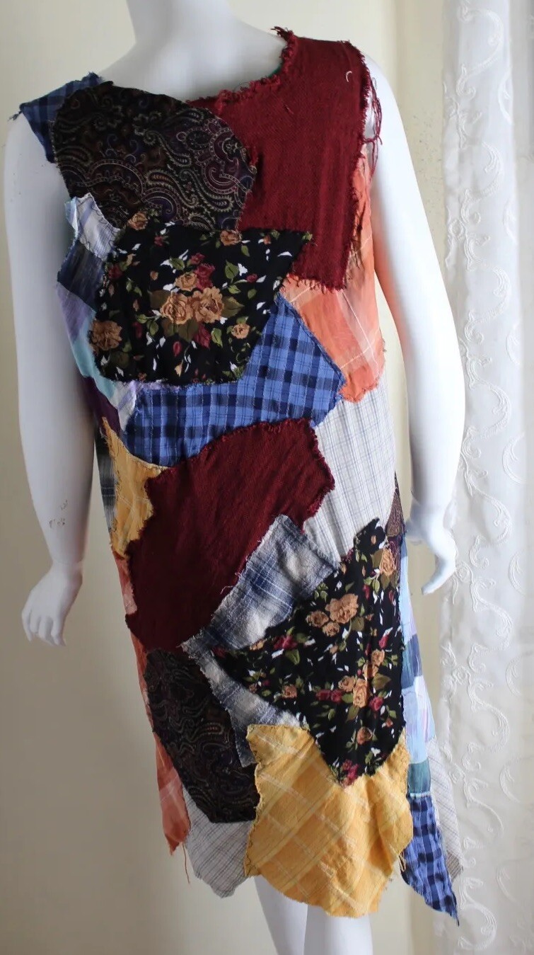 Hand-Made Funky Art-to-wear Patchwork Hippie Boho Dress Tunic S M L XL Lagenlook