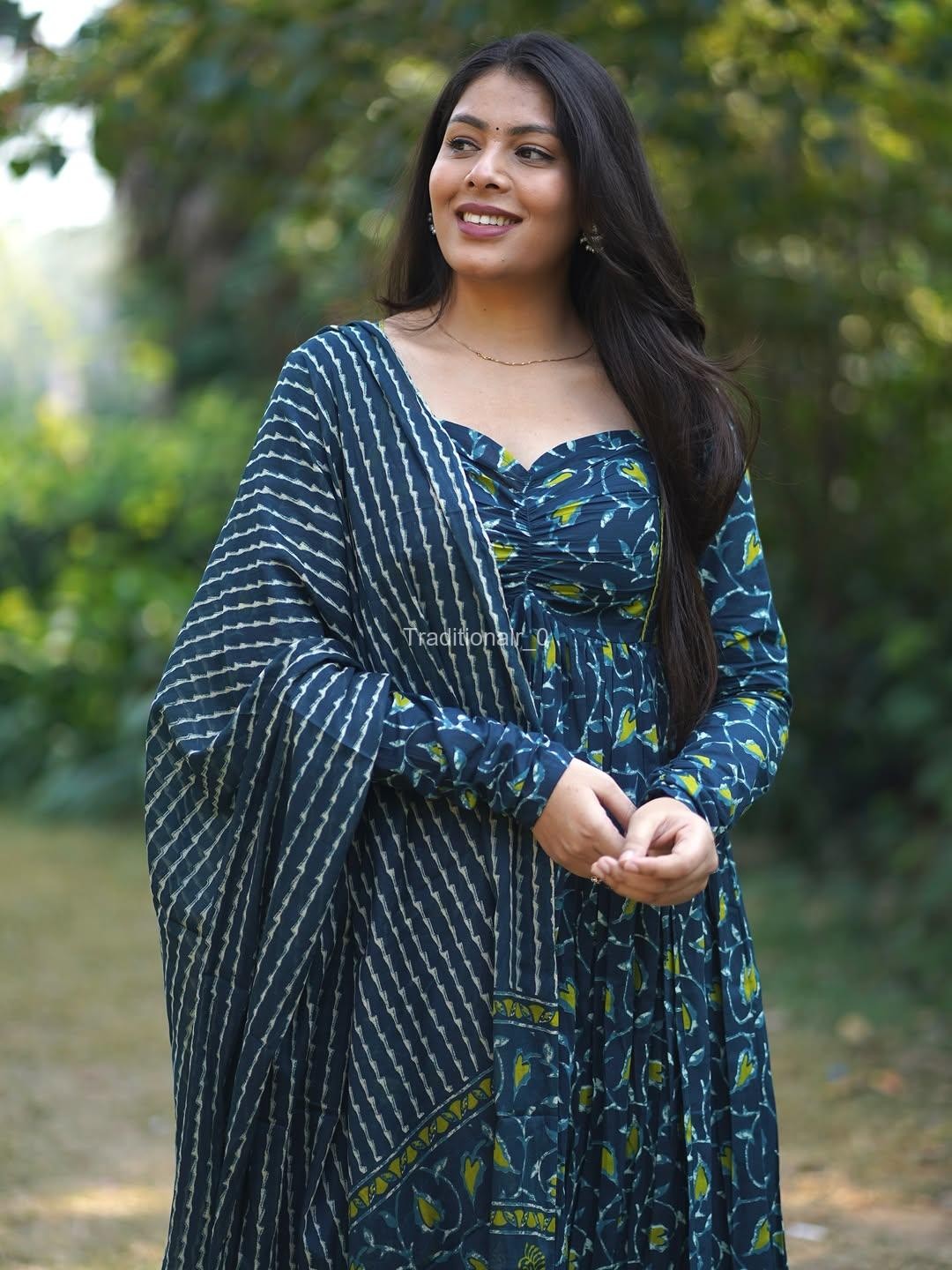 Elegant Teal Blue Floral Printed Cotton Anarkali Suit Set with Striped Pants