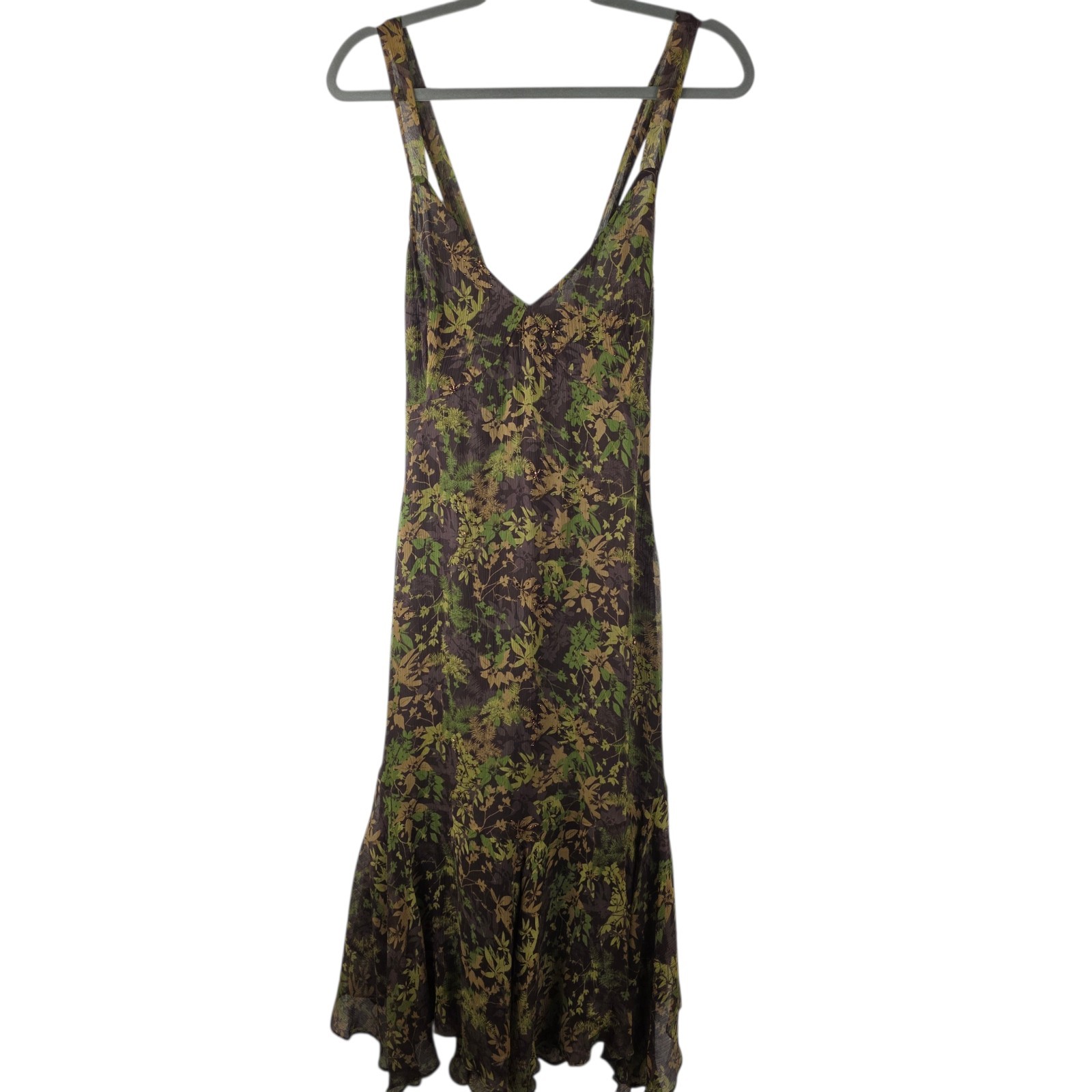 Silk Beaded Babydoll Slip Dress 14 Olive Brown Botanical Flare Hem Forest Fairy