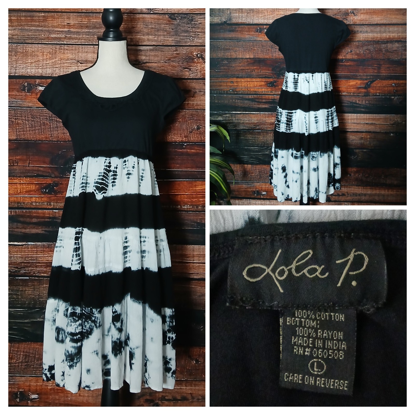 Lola P Dress Size L Bohemian Black White Tie Dye Cap Sleeve Tiered Cotton Rayon