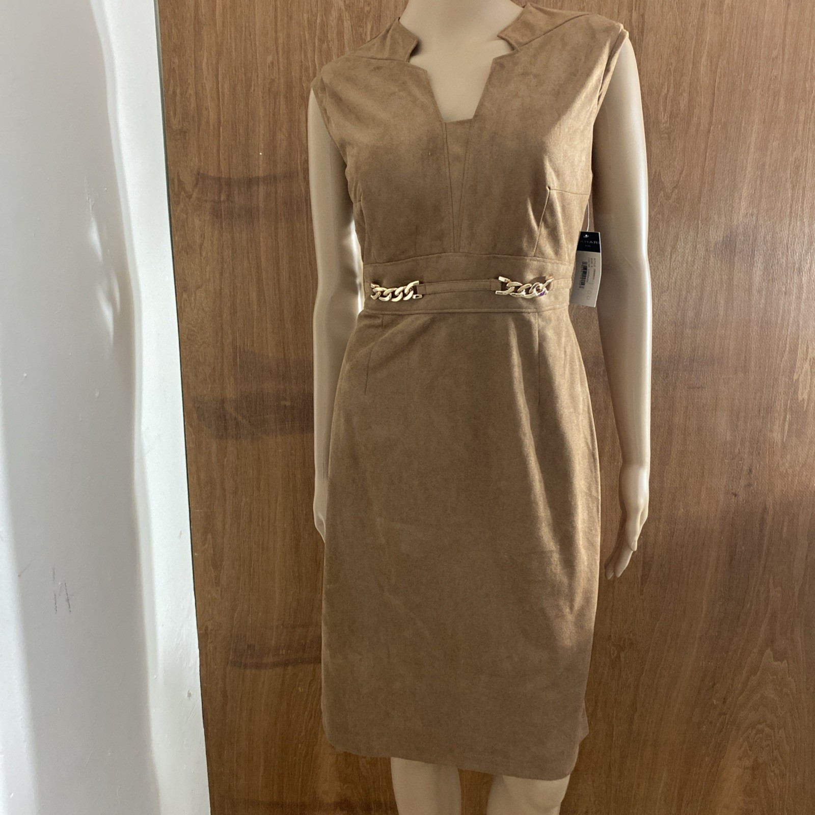 Tahari ASL Womens Tan Faux Suede Belted Gold Chain Sheath Dress Size 6