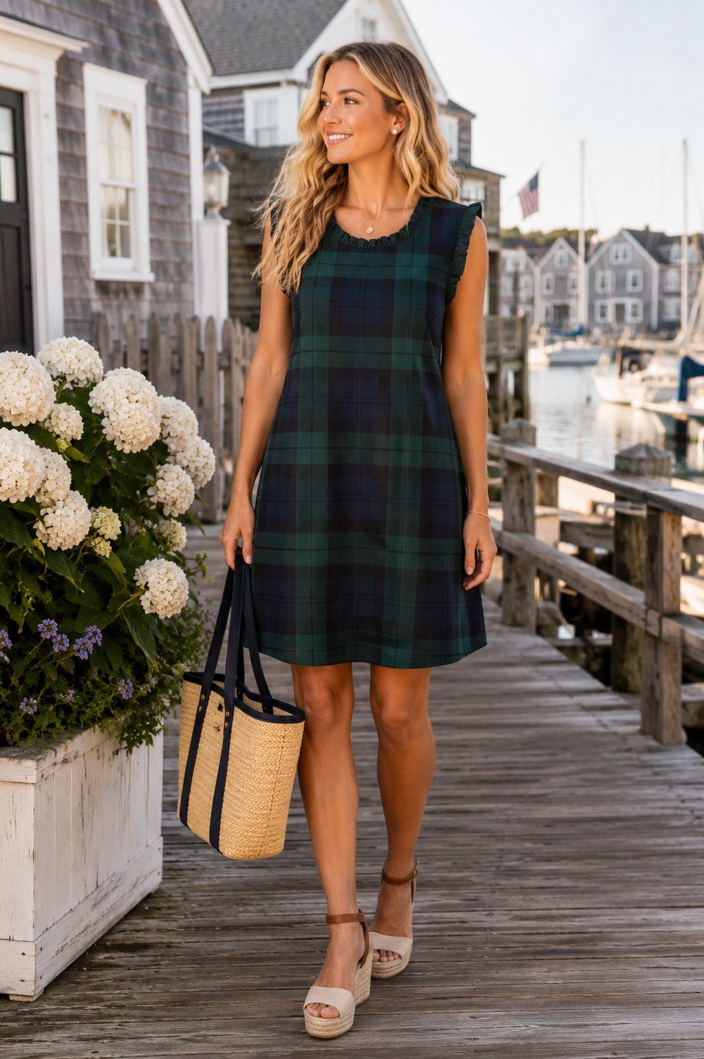J.Crew Black Watch Plaid Ruffle Neck Shift Dress Green Blue Tartan Size 18