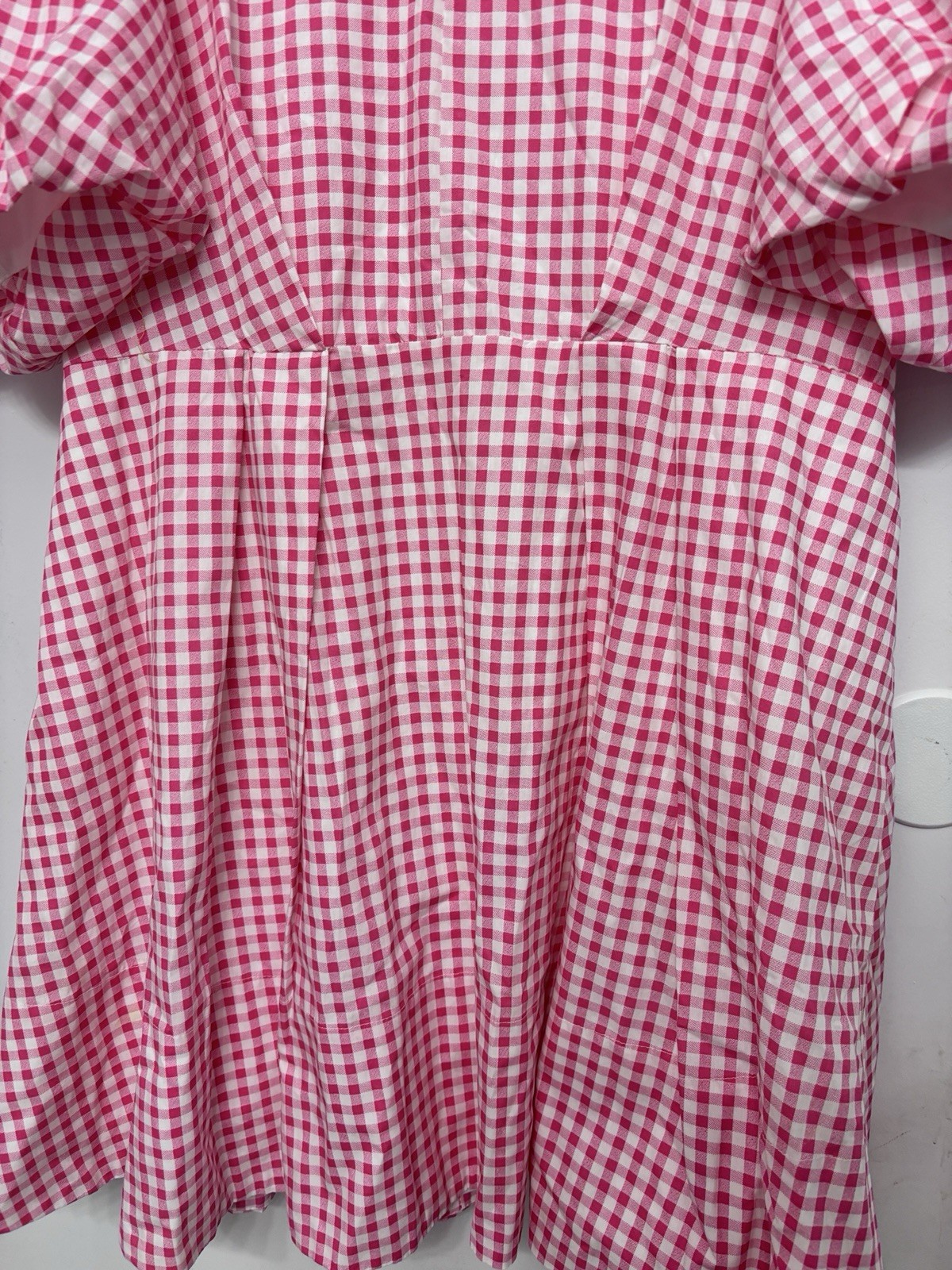 1 State Pink White Checked Pleated Lined XL Dress Baloon Sleeve 44 Bust 36 Waist