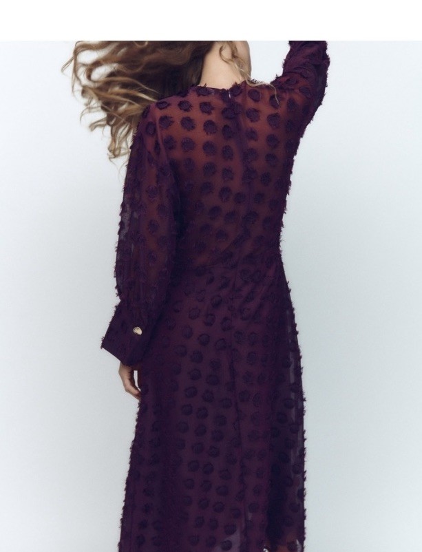 Zara L Maxi DRESS Chiffon Eggplant Purple Polka Dot Flocked v neck Empire waist